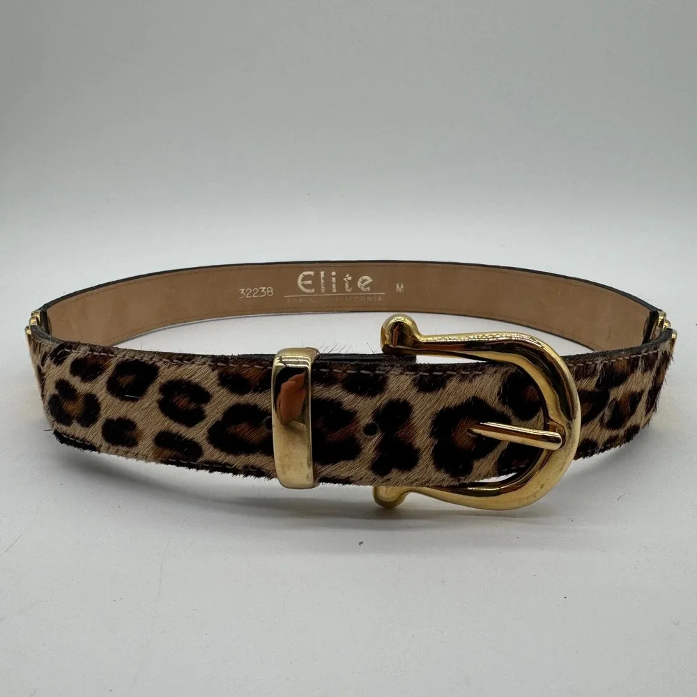Elite Fresno California Leopard Print Calf Hair Belt Gold Chain Link Accents M
